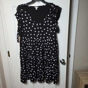 Cato sz 18/20W blk/wht polka dot knee length tiered dress flutter slv casual